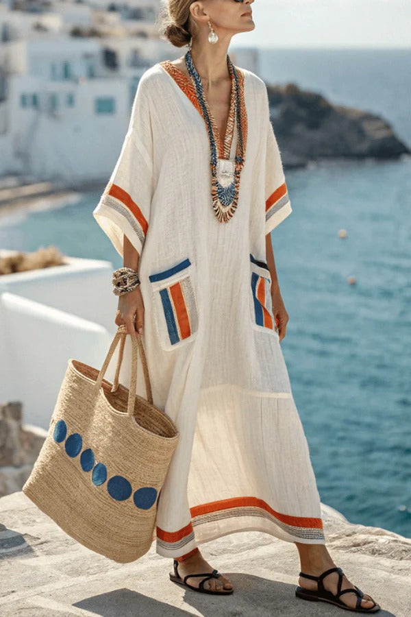 CM | Cuello en V estampado a rayas Vestido maxi casual con bolsillo