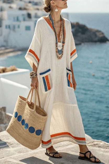 CM | Cuello en V estampado a rayas Vestido maxi casual con bolsillo