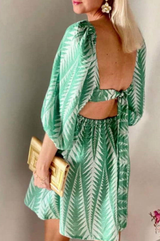 CM | verano verde lino mezcla estampado étnico mangas globo espalda lace-up mini vestido