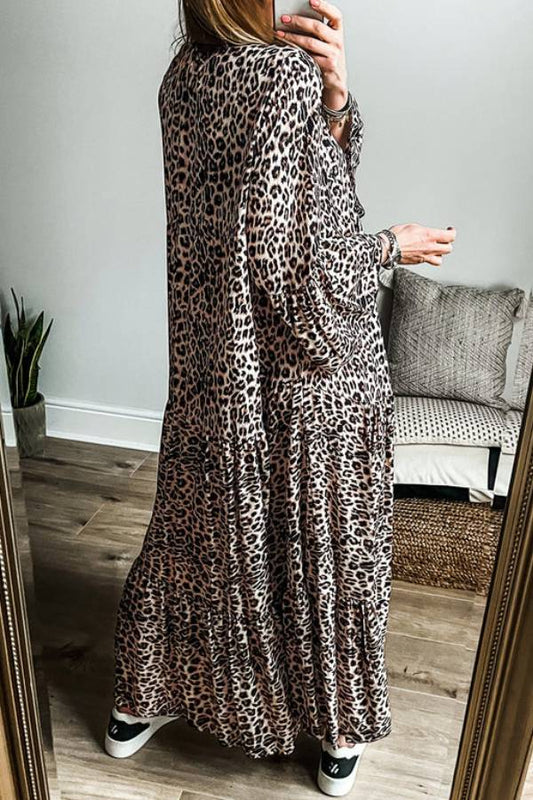 CM | maxi vestido de rayas con mangas anchas y estampado de leopardo albaricoque