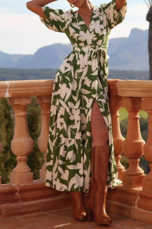 CM | Cuello en V Mangas cortas Abertura Vestido midi estampado