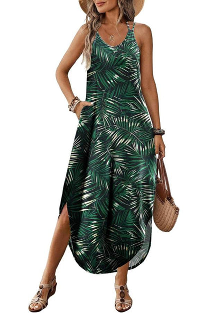 CM | Casual V-cuello halter hendidura bohemio playa resort maxi vestido