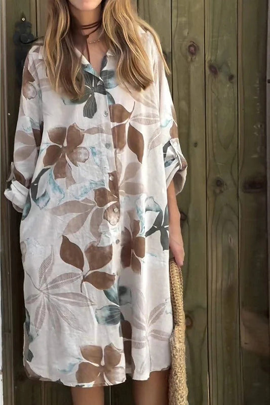 CM | Botanical Print Vestido midi holgado de manga larga y un solo pecho con bolsillos