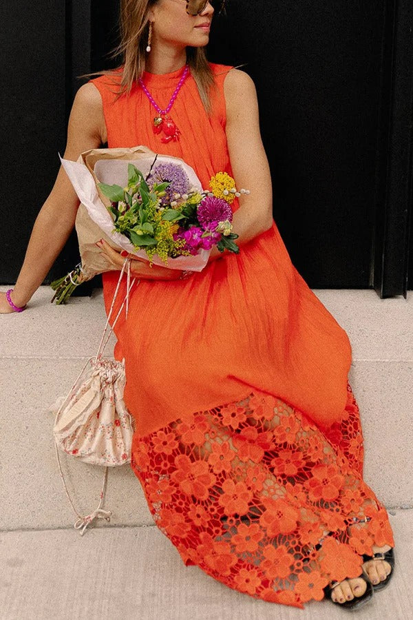 CM | Breezy Comfort escote de corbata maxi vestido sin mangas con dobladillo de encaje floral
