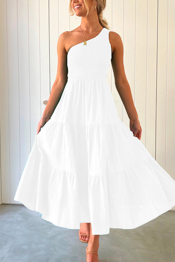 CM | maxi vestido sin hombros, sin mangas y con volantes