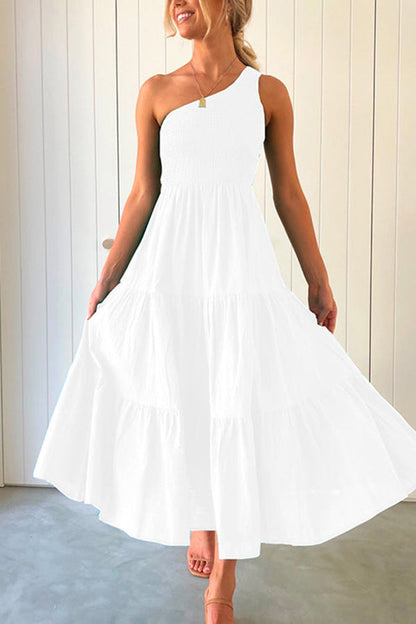 CM | maxi vestido sin hombros, sin mangas y con volantes