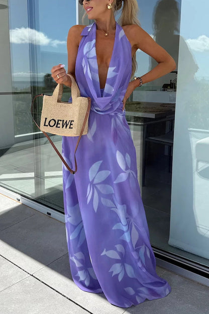 CM | Sexy maxi vestido de encaje sin mangas y escote halterno