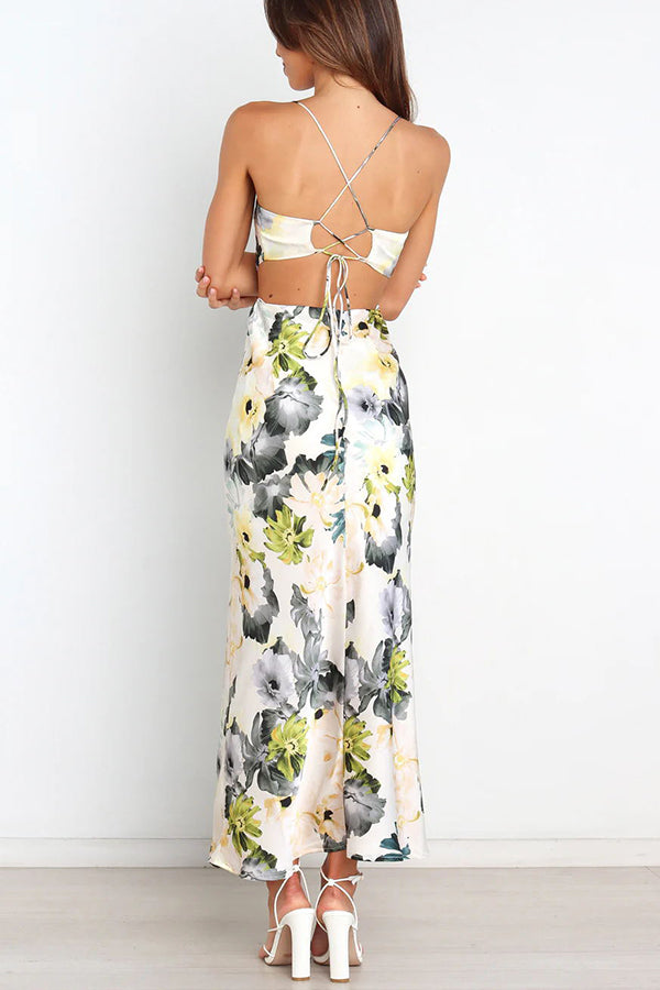 CM | Garden Party Floral Satén Recorte Espalda Encaje Maxi Vestido