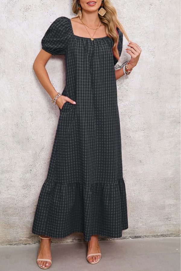 CM | maxi vestido a cuadros con mangas abullonadas y escote cuadrado