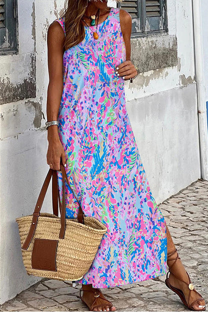 CM | Morado Fluorescente Estampado Cuello Redondo Maxi Vestido Sin Mangas