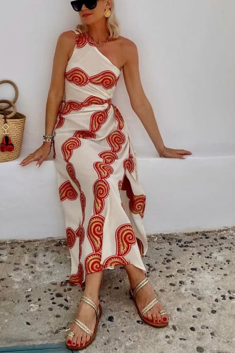 CM | Enjoy A Sunny Linen Blend Shell Print Un Hombro Cuello Cintura Encaje Abertura Maxi Vestido
