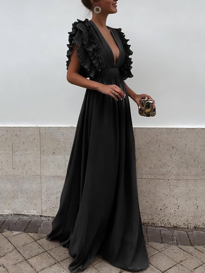 CM | Mangas Volantes Cuello en V Espalda Abierta Sólido Vestido Largo Fluido