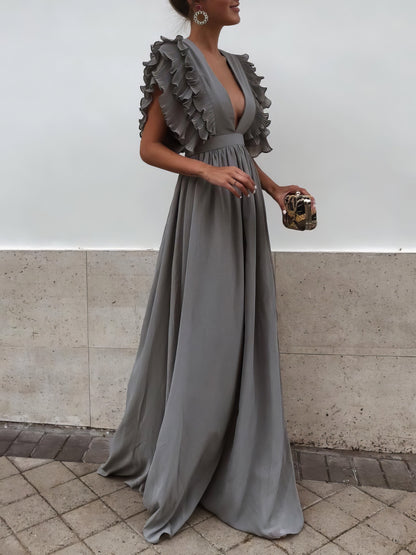 CM | Mangas Volantes Cuello en V Espalda Abierta Sólido Vestido Largo Fluido