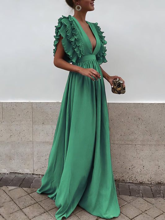 CM | Mangas Volantes Cuello en V Espalda Abierta Sólido Vestido Largo Fluido