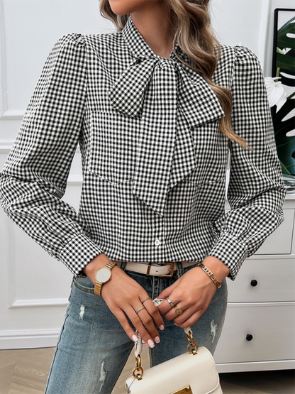 CM | Blusa a cuadros de manga larga con lazo para mujer