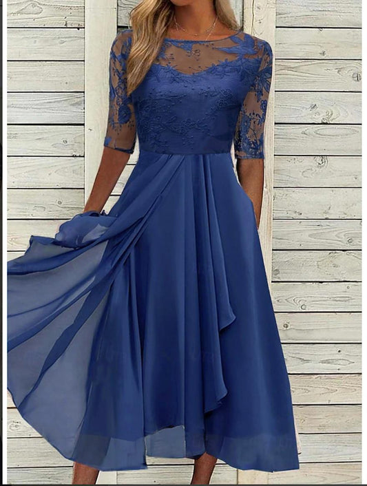 CM | Azul Escote redondo Vestido midi monocolor