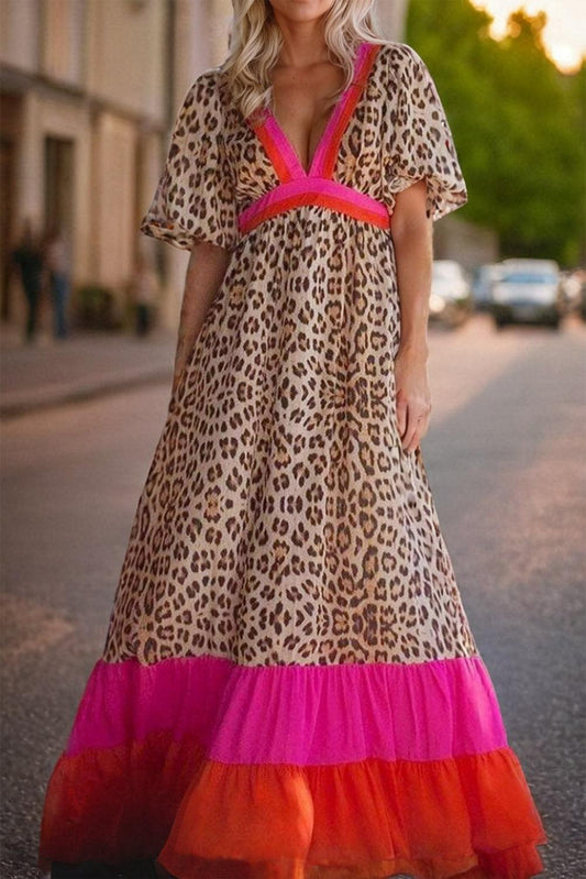 CM | Maxi vestido con estampado de leopardo y mangas abullonadas para mujer