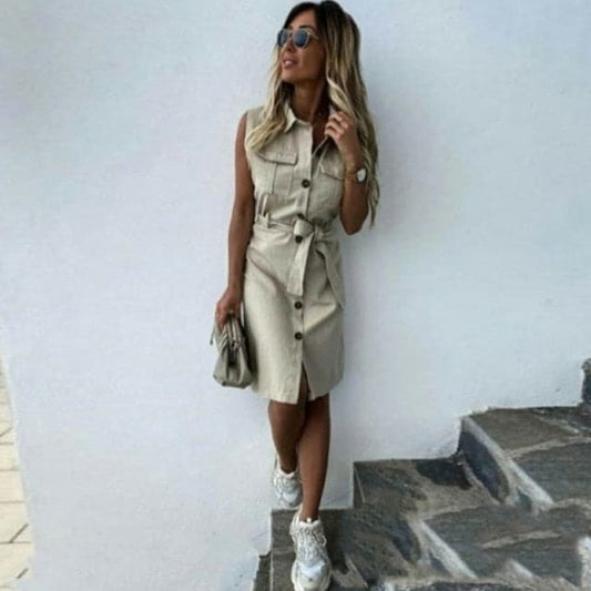 CM | mujeres vintage frente botón fajín abrigo vestido de fiesta sin mangas vuelta cuello casual mini vestido de moda de verano nuevo vestido