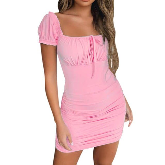 CM | Sexy Fiesta Manga Corta Encaje Ruched Bodycon Mini Vestido