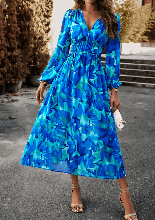 CM | elegante vestido largo de mujer con cintura fruncida
