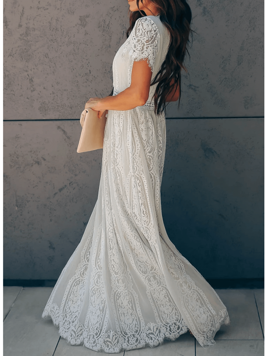 CM | Maxi vestido de manga corta, escote en V y encaje