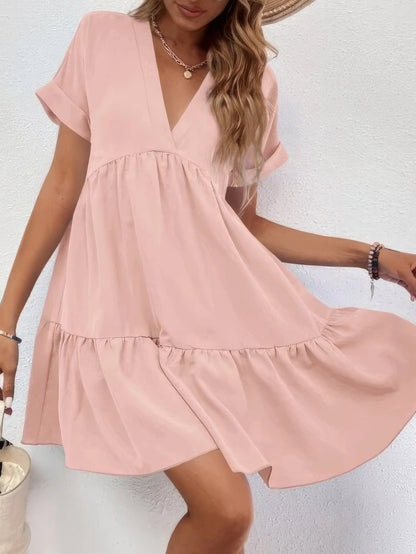 CM | Minivestido de manga corta con cuello en V liso