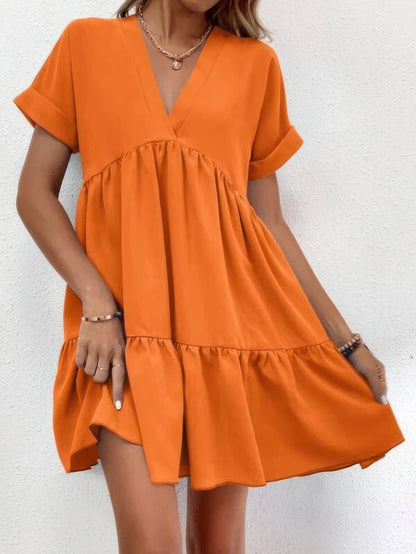 CM | Minivestido de manga corta con cuello en V liso
